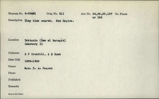 Documentation associated with Hearst Museum object titled Scarab, accession number 6-20581, described as tiny blue scarab. New Empire