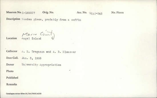 Documentation associated with Hearst Museum object titled Wood fragment, accession number 1-166327, described as Wooden piece, probably from a coffin. At least 11 pieces Notice: Image restricted due to its potentially sensitive nature. Contact Museum to request access.