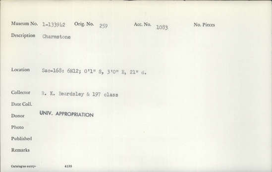 Documentation associated with Hearst Museum object titled Charmstone, accession number 1-133942, described as Charmstone.