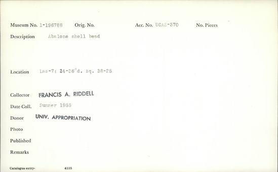 Documentation associated with Hearst Museum object titled Bead, accession number 1-196788, described as Abalone shell.