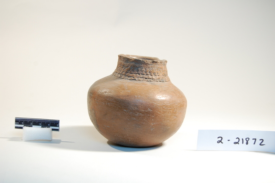 Hearst Museum object titled Pot, accession number 2-21872, described as Reddish brown polished pot, basket impression around neck.