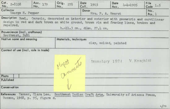 Documentation associated with Hearst Museum object titled Bowl, accession number 2-8338, described as Ceramic, decorated on interior and exterior with geometric and curvilinear design in red and dark brown on white ground, brown rim and framing lines, broken and repaired. Clay, molded, painted.