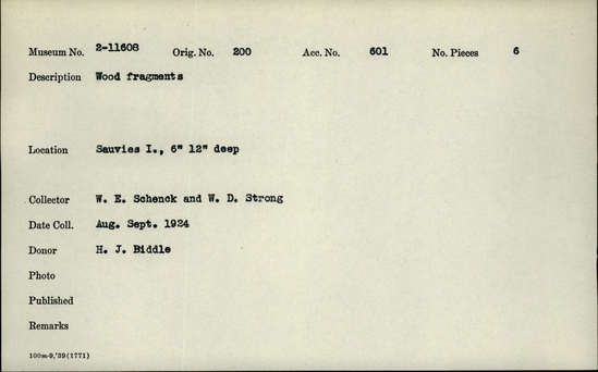 Documentation associated with Hearst Museum object titled Wood fragments, accession number 2-11608, described as Wood fragments.