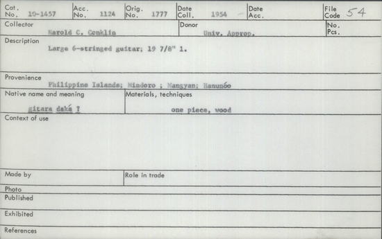 Documentation associated with Hearst Museum object titled Musical instrument, accession number 10-1457, described as Large 6-stringed guitar; 19 7/8” 1.