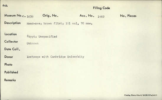 Documentation associated with Hearst Museum object titled Handaxe, accession number 5-1638, described as Hand-axe; brown flint