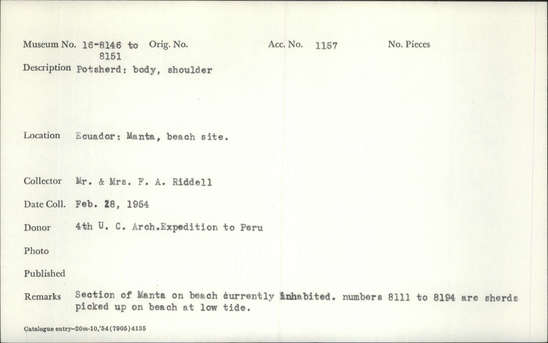 Documentation associated with Hearst Museum object titled Potsherd, accession number 16-8148, described as Potsherd; body, shoulder.  Section of Manta on Beach currently inhabited. Numbers  8111 to 8194 are sherds picked up on beach at low tide.