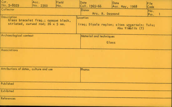 Documentation associated with Hearst Museum object titled Bracelet fragment, accession number 9-8029, described as Glass bracelet frag.; opaque black, striated, curved rod; 26 x 5 mm.