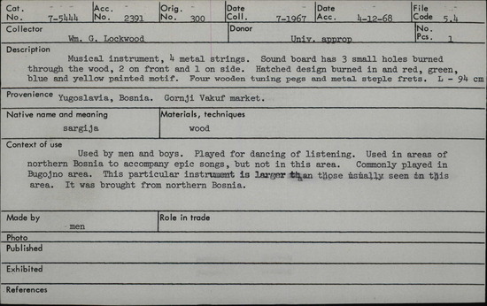 Documentation associated with Hearst Museum object titled Musical instrument, accession number 7-5444, described as four-stringed musical instrument