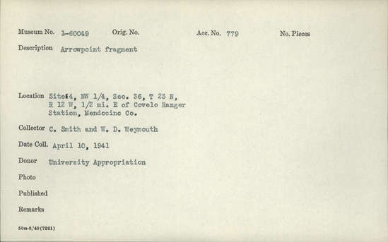 Documentation associated with Hearst Museum object titled Projectile point fragment, accession number 1-60049, described as Arrowpoint fragment