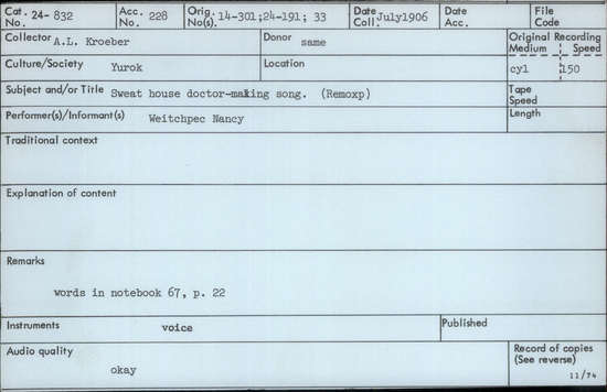 Documentation associated with Hearst Museum object titled Audio recording, accession number 24-832, described as Sweathouse Doctor-making dance song