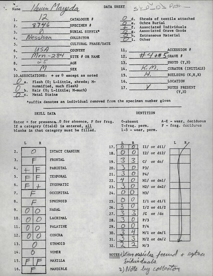 Documentation associated with Hearst Museum object titled Human remains, accession number 12-8746(0), described as Remains of one young adult (25 year old) male.