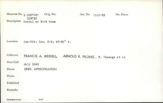 Documentation associated with Hearst Museum object titled Faunal remains, accession number 1-108741, described as Mammal or bird.