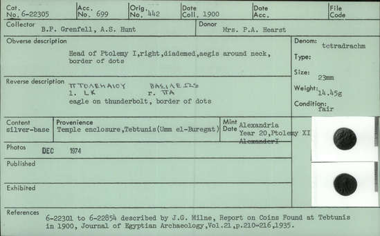 Documentation associated with Hearst Museum object titled Coin: billon tetradrachm, accession number 6-22305, described as Coin, silver base. Diameter 23 mm. Weight 14.45 grams. Condition fair. Denomination: silver base tetradrachm. Obverse description: Head of Ptolemy I, facing right, diademed, aegis around neck, border of dots. Reverse description: [inscription] Eagle on thunderbolt, border of dots. Mint date: Alexandria, year 20, reign of Ptolemy XI, Alexander I.
