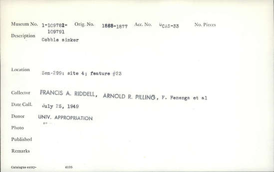 Documentation associated with Hearst Museum object titled Sinker (fishing), accession number 1-109789, described as Cobble.