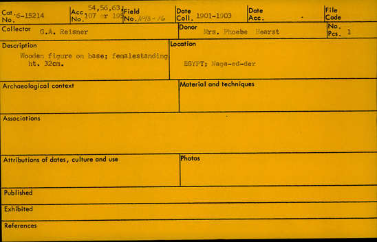 Documentation associated with Hearst Museum object titled Model female figure, accession number 6-15214, described as Wooden figure standing on base; female. [inventory: servant girl, nude, short hair, yellow skin, black pubic triangle]