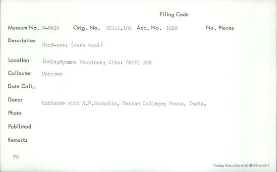 Documentation associated with Hearst Museum object titled Handaxe, accession number 9-6418, described as Hand-axe; (core tool).