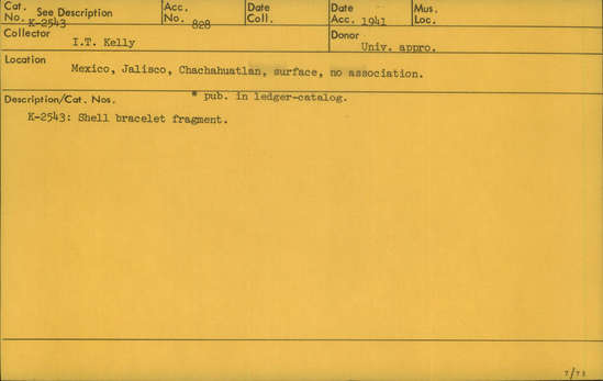 Documentation associated with Hearst Museum object titled Bracelet fragment, accession number K-2543, described as Shell bracelet fragment.