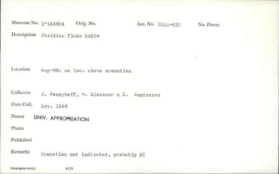 Documentation associated with Hearst Museum object titled Knife, accession number 1-145804, described as Obsidian flake.