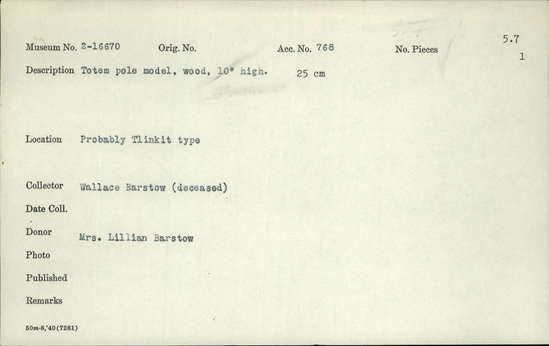 Documentation associated with Hearst Museum object titled Totem pole model, accession number 2-16670, described as Wood.