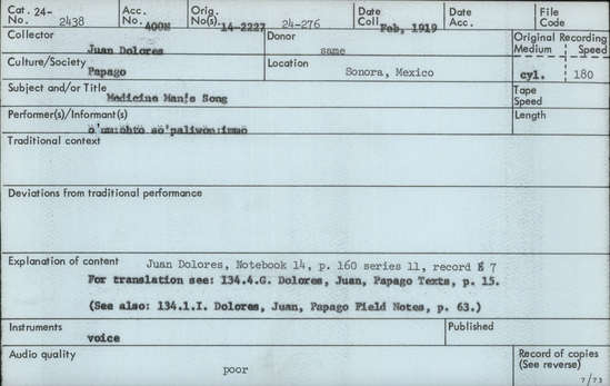 Documentation associated with Hearst Museum object titled Audio recording, accession number 24-2438, described as Medicine Man's Song Notebook 14, p. 160 Series 11, Record 7