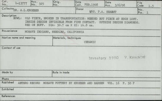 Documentation associated with Hearst Museum object titled Bowl, accession number 1-13777, described as Old piece, broken in transportation; mended but piece at edge lost; inside design invisible from fire contact; outside design diamonds; red on buff.  Ceramic.