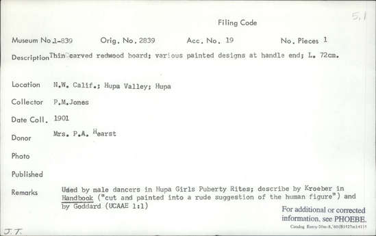 Documentation associated with Hearst Museum object titled Board, accession number 1-839, described as Thin carved redwood, various painted designs at handle end.