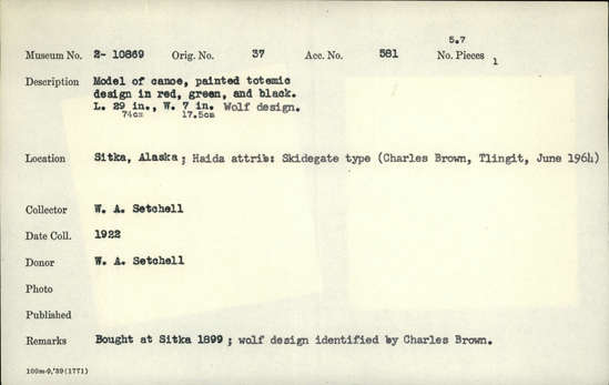 Documentation associated with Hearst Museum object titled Canoe model, accession number 2-10869, described as Model of canoe, painted totemic design in red, green, and black.  Wolf design (fide Charles Brown).