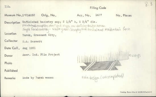 Documentation associated with Hearst Museum object titled Cap, accession number 1-214032, described as Unfinished basketry cap. Plain twined, except for start and single row defining design zone. Single faced overlay. White grass (Xerophyllum tenax) and maidenhair fern.