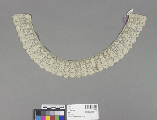 Hearst Museum object titled Lace strip, accession number 7-6108, described as Collar for baby’s garment; linen point de gauze lace in floral designs; tulle mesh damaged in one area; width 45 cm