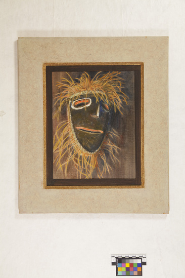 Hearst Museum object titled Oil painting, accession number 17-716, described as Painting of Mask: dark olive face with feather fringe, dark brown background. 27.5 cm x 35 cm, frame 43 cm x 51 cm. oil on canvas glued to plywood, fiberboard frame.