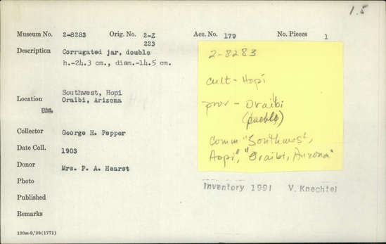 Documentation associated with Hearst Museum object titled Jar, accession number 2-8283, described as Corrugated jar, double. Height 24.3 cm.; diameter 14.5 cm.