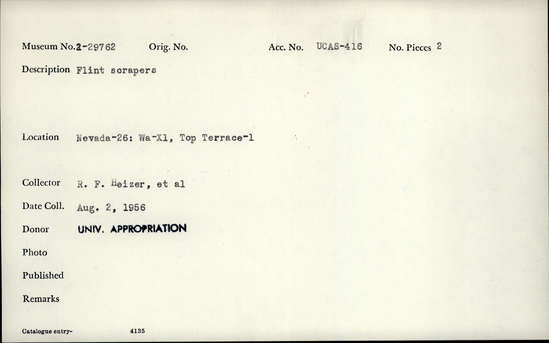 Documentation associated with Hearst Museum object titled Scrapers, accession number 2-29762, described as Flint scrapers