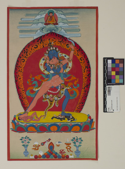 Hearst Museum object titled Painting, accession number 9-11359, described as Painting, religious,; canvas paper, water color paints; 26.5 cm wide, 44 cm long. Represents Yab-Yum, sexual congress type of mediatation. For religious contemplation, mediatation. Yab-yum represents the physical symbolization of spiritual “two-inoneness”, the mystic unity of right action and correct insight; this is a Tantric concept; Yab-yum can also represent the union of spirit (male) and matter (female).