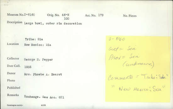 Documentation associated with Hearst Museum object titled Bowl, accession number 2-8160, described as Large bowl. Outer rim decoration.  Remarks: Exchange. See Acc. #621.