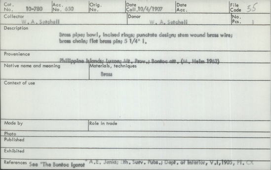 Documentation associated with Hearst Museum object titled Pipe with cleaner, accession number 10-780, described as Brass pipe; bowl, incised rings; punctate design; stem wound brass wire; brass chain; flat brass pin