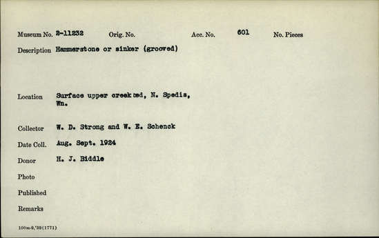 Documentation associated with Hearst Museum object titled Sinker or hammerstone, accession number 2-11232, described as hammerstone or sinker, grooved