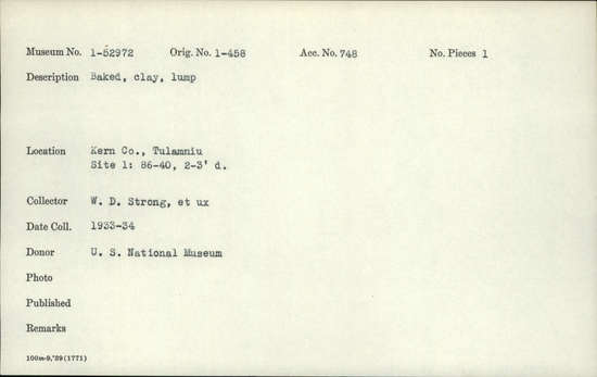 Documentation associated with Hearst Museum object titled Baked clay, accession number 1-52972, described as Baked clay, lump