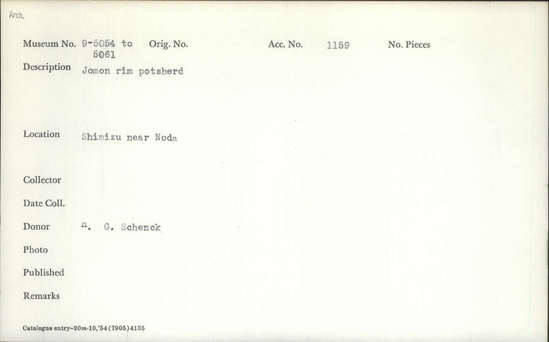 Documentation associated with Hearst Museum object titled Potsherd, accession number 9-5057, described as Jomon rim potsherd