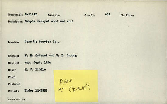 Documentation associated with Hearst Museum object titled Wood and soil sample, accession number 2-11623, described as Sample of decayed wood and soil.