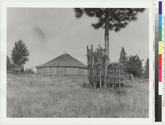 Hearst Museum object titled Black-and-white negative, accession number 15-2749, described as Acorn caches and dance house at Railroad Flat