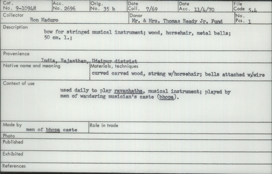 Documentation associated with Hearst Museum object titled Musical bow, accession number 9-10948, described as Bow for stringed musical instrument; wood, horsehair, metal bells; 50 cm. length