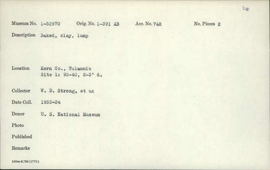 Documentation associated with Hearst Museum object titled Baked clay, accession number 1-52970, described as Baked clay, lump