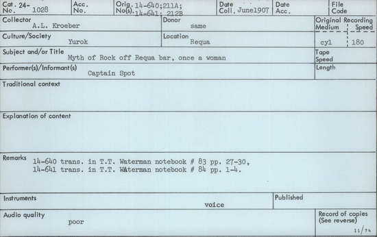 Documentation associated with Hearst Museum object titled Audio recording, accession number 24-1028, described as Myth of rock off Reqwa bar, once a woman