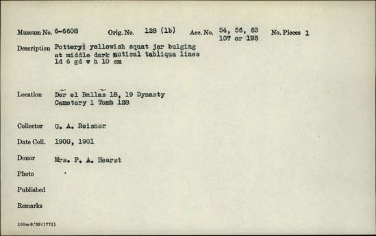 Documentation associated with Hearst Museum object titled Jar, accession number 6-6608, described as Pottery: yellowish squat jar, bulging at middle, dark nutical tabliqua lines