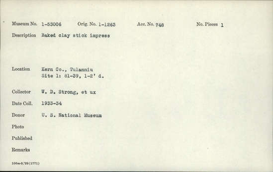 Documentation associated with Hearst Museum object titled Baked clay, accession number 1-53006, described as Stick impress