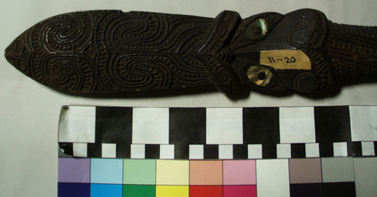 Hearst Museum object 2 of 3 titled Staff, accession number 11-20, described as Carved staff or scepter; inlaid