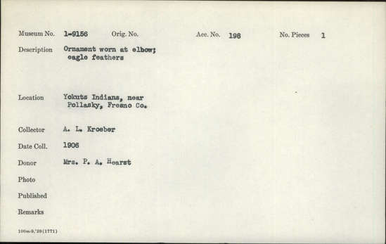 Documentation associated with Hearst Museum object titled Arm onament, accession number 1-9156, described as Made of eagle feathers.