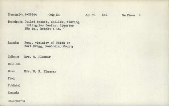 Documentation associated with Hearst Museum object titled Basket, accession number 1-28444, described as Coiled basket.  Shallow, flaring.  Triangular design.