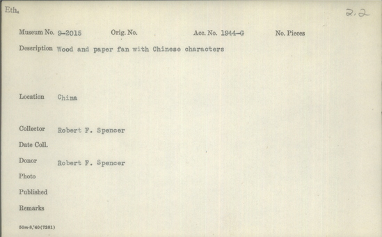 Documentation associated with Hearst Museum object titled Fan, accession number 9-2015, described as Wood and paper fan with Chinese characters