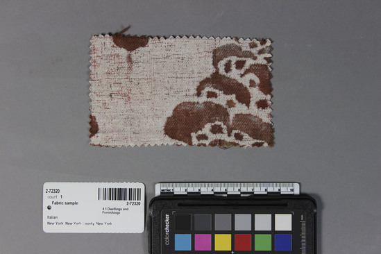 Hearst Museum object titled Fabric sample, accession number 2-72320, described as 100% long staple cotton sample, no. 5185, Glicine design, rust/blue on parchment color, Fortuny Inc.